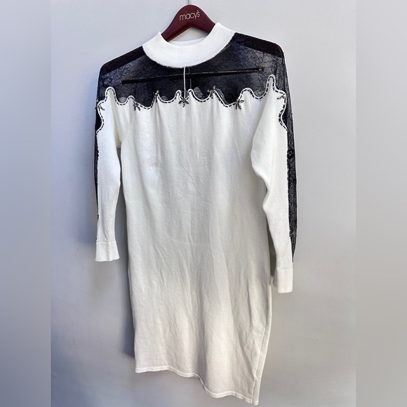 VENUS FITTED WHITE BLACK LACE RHINESTONE BEJEWELED SWEATER DRESS size L - Picture 6 of 14